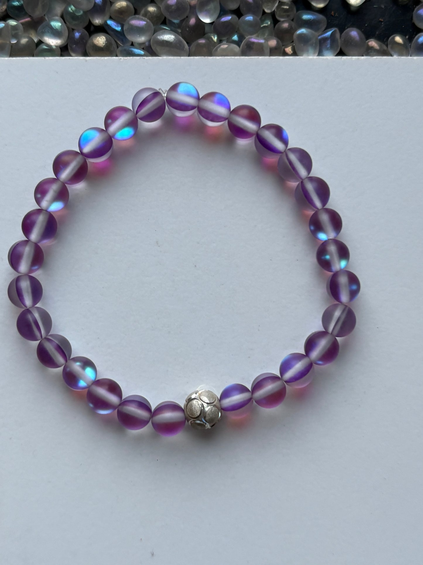 Frosted Purple Aura Quartz Crystal Gemstone Stretch Bracelet Sterling Silver