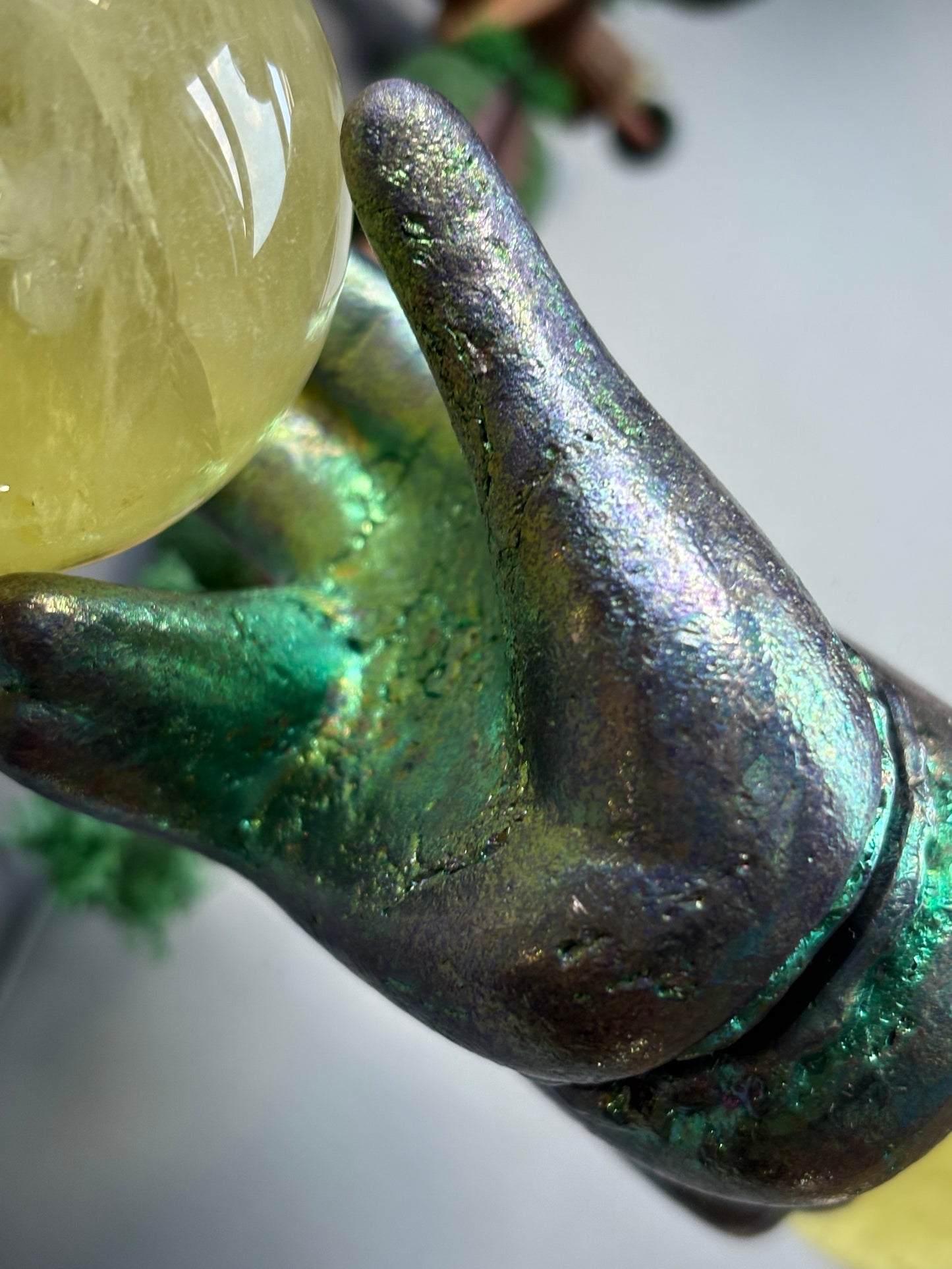 Teal Bismuth Crystal Hand Sphere Holder - Metal Art Sculpture