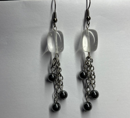 Quartz cube & Hematite Crystal Gemstone Black Earrings