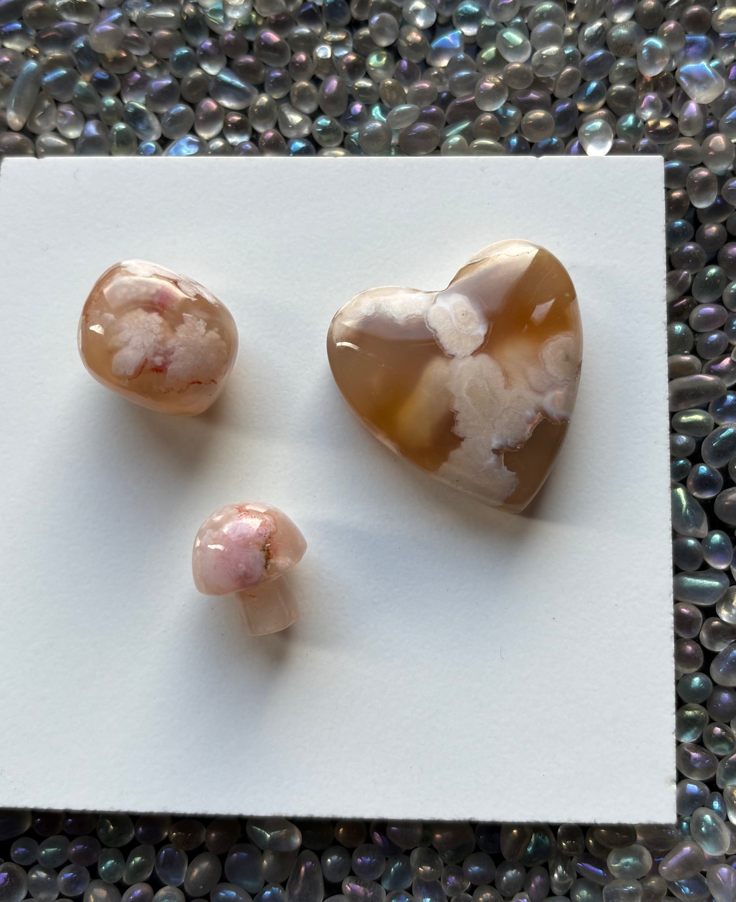 Flower Cherry Blossom Agate Gemstone Crystal Set - Mini Mushroom Tumbled Stone & Heart