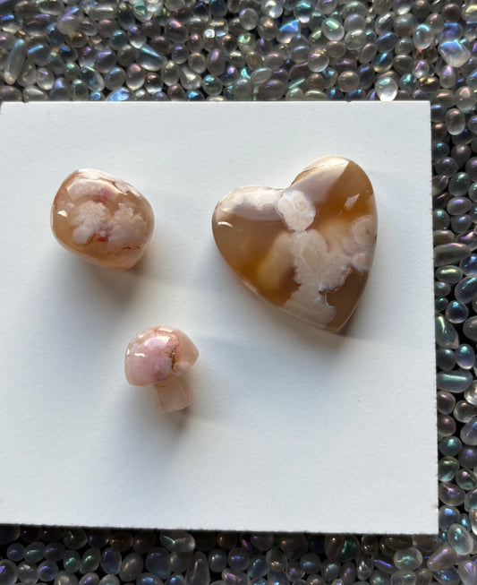 Flower Cherry Blossom Agate Gemstone Crystal Set - Mini Mushroom Tumbled Stone & Heart