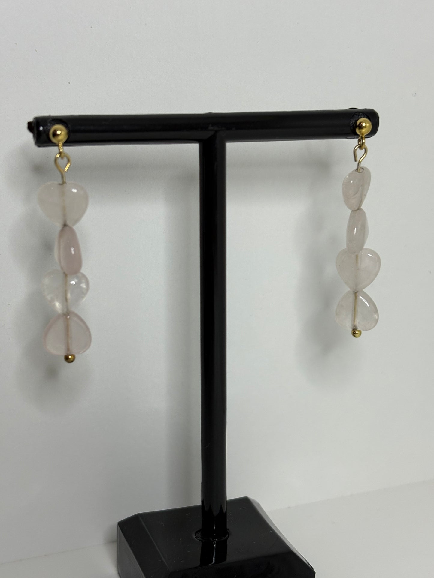 Rose Quartz Crystal Gemstone Heart Gold Sterling Silver Earrings (Certified)