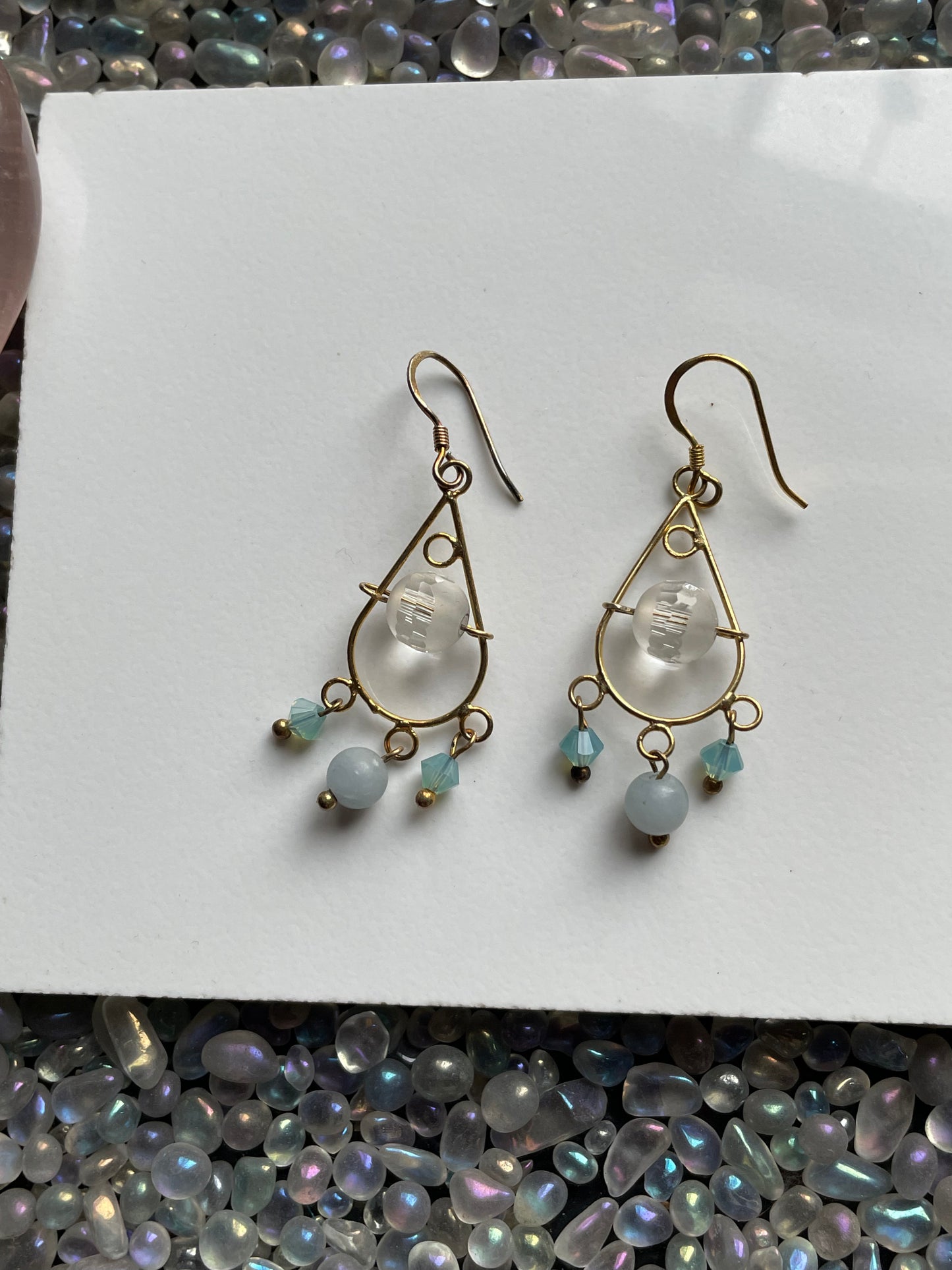 Angelite & Quartz crystal gemstone Swarovski gold chandelier 925 earrings