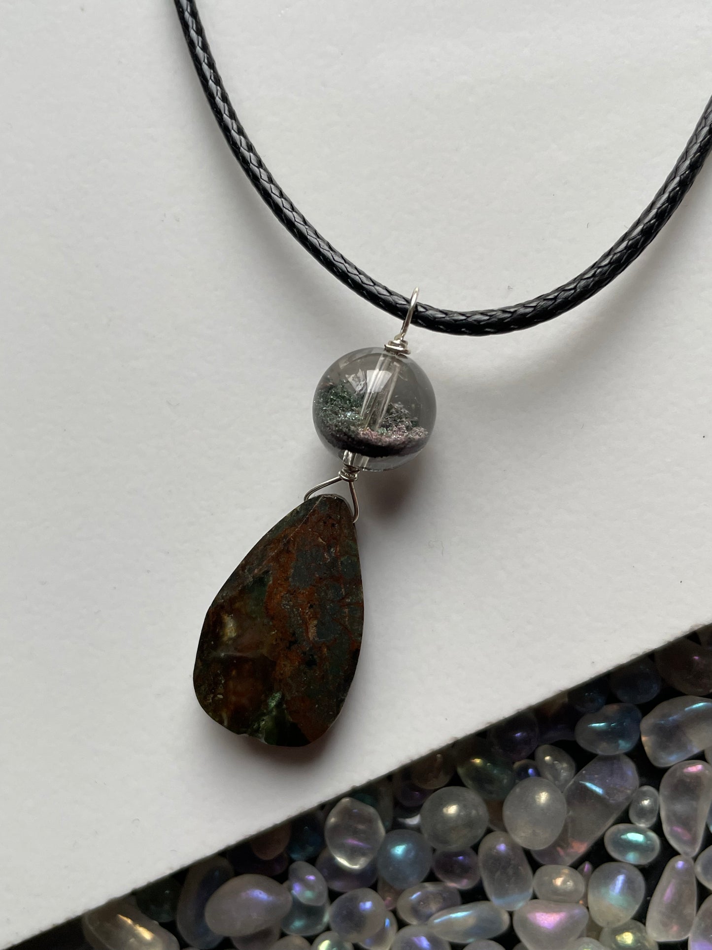 Bicolour Chrysoprase & Garden Quartz Gemstone Crystal Silver Necklace (Certified)