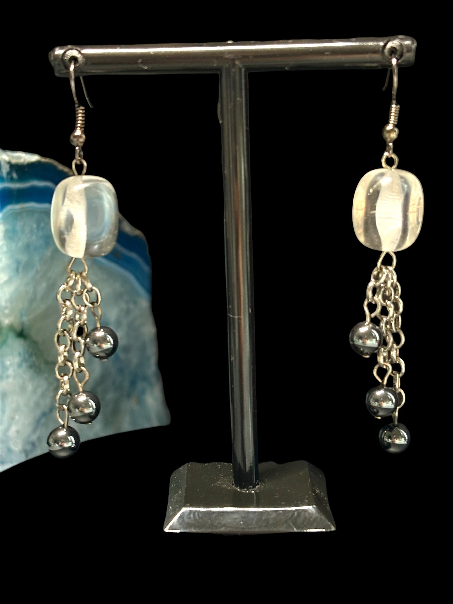 Quartz cube & Hematite Crystal Gemstone Black Earrings
