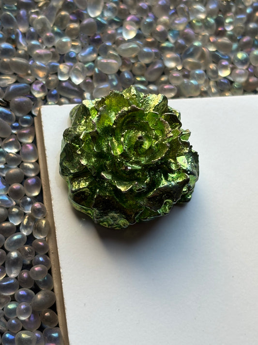 Green Bismuth Crystal Small Rose Flower Metal Art Sculpture