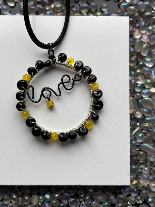 Black Onyx & Yellow Quartzite Crystal Gemstone - Love Wire Necklace