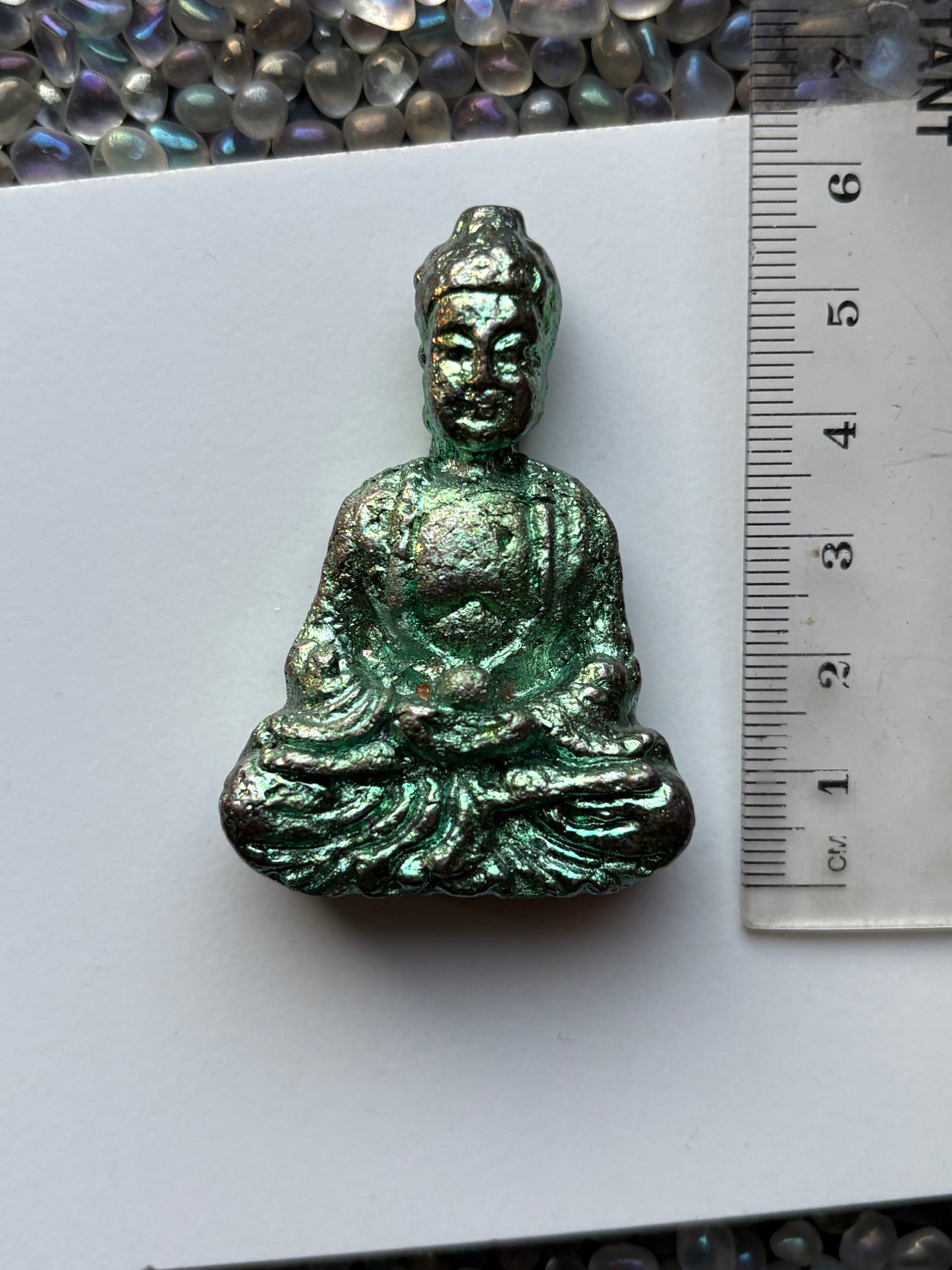 Blue Teal Bismuth Crystal Tibetan Buddha Metal Art Sculpture