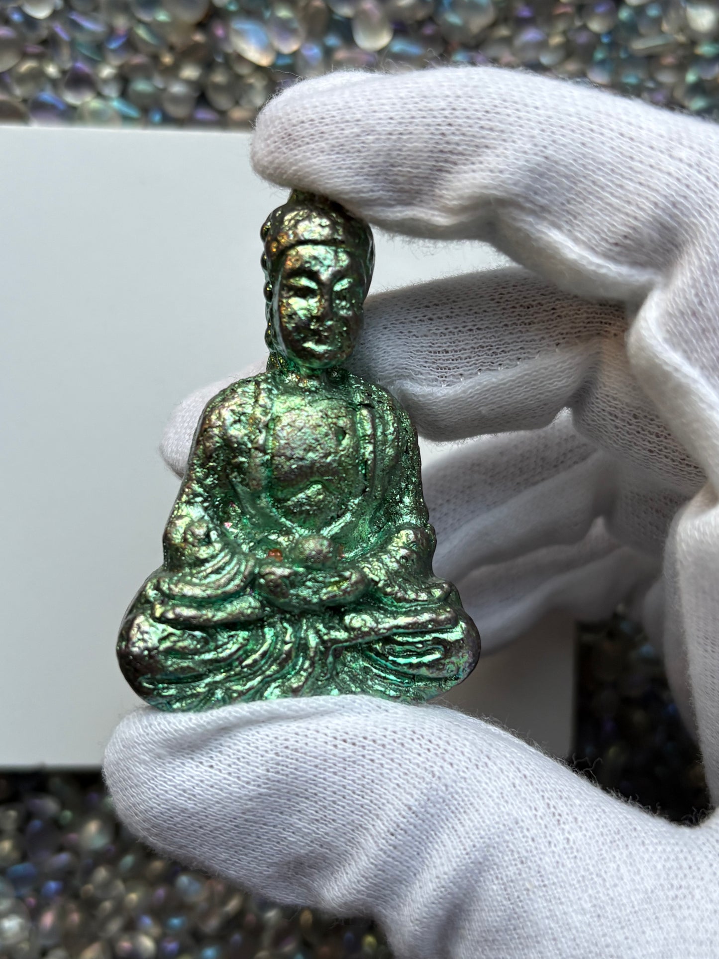 Blue Teal Bismuth Crystal Tibetan Buddha Metal Art Sculpture
