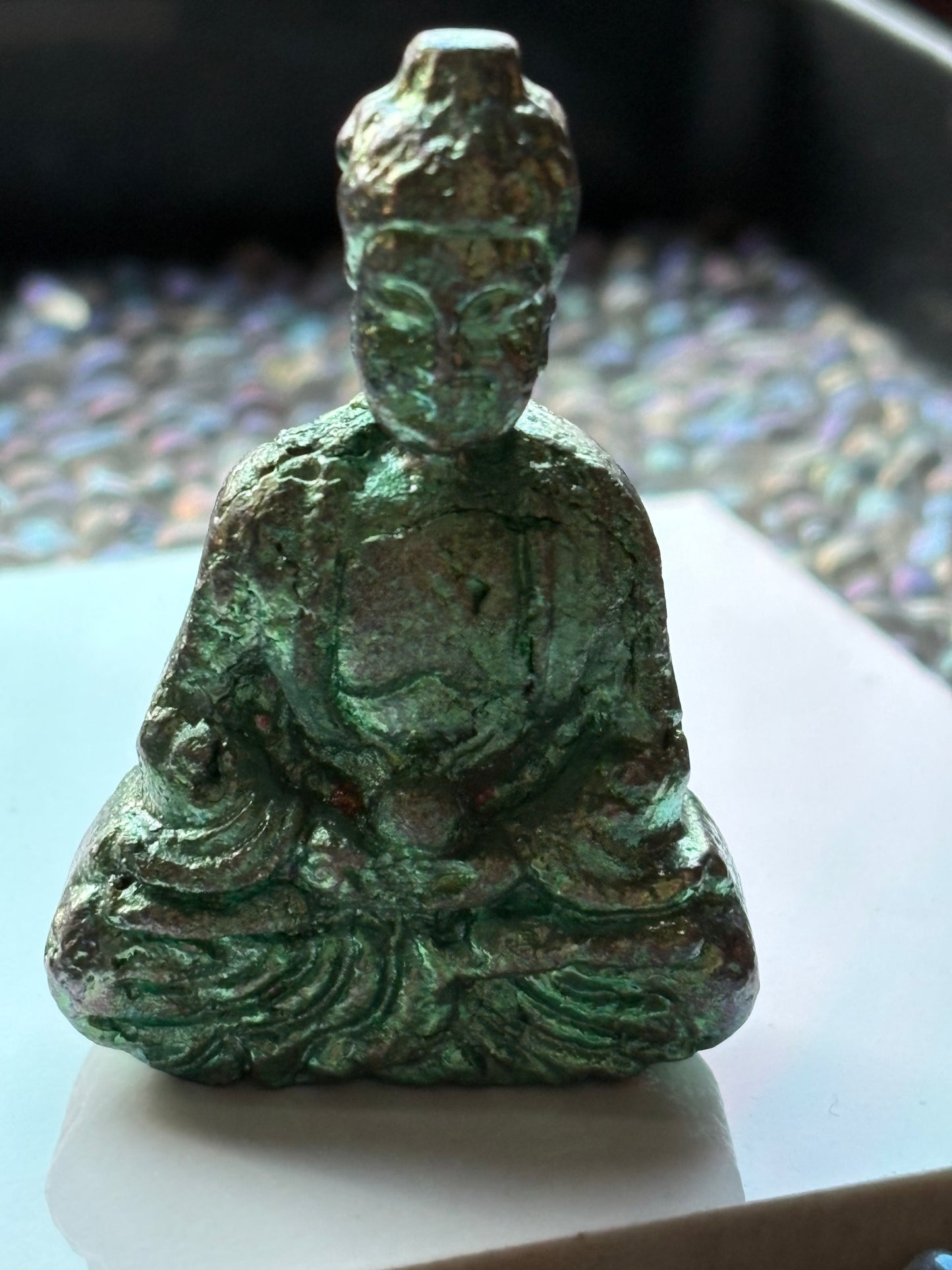 Blue Teal Bismuth Crystal Tibetan Buddha Metal Art Sculpture