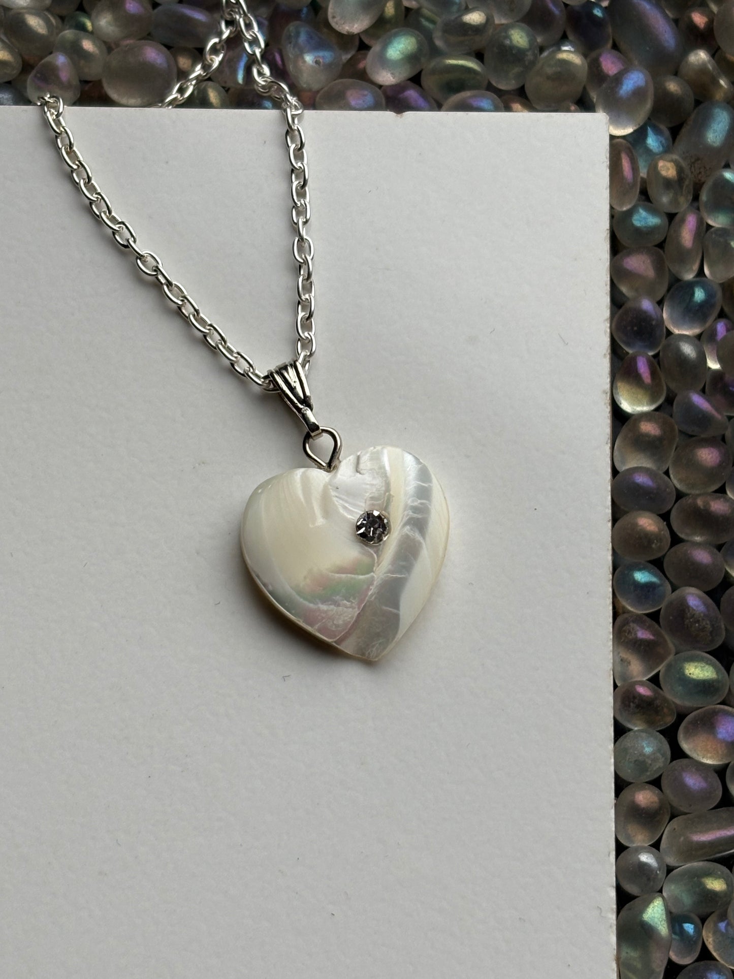 Mother of Pearl Crystal Gemstone Heart Carving Necklace (B)