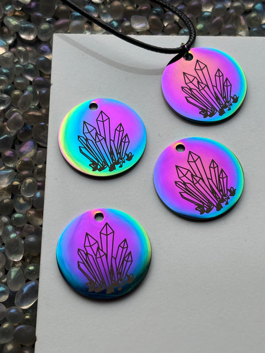 Rainbow Iridescent Crystal Illumination Designs Logo Tag Pendant Cord Necklace