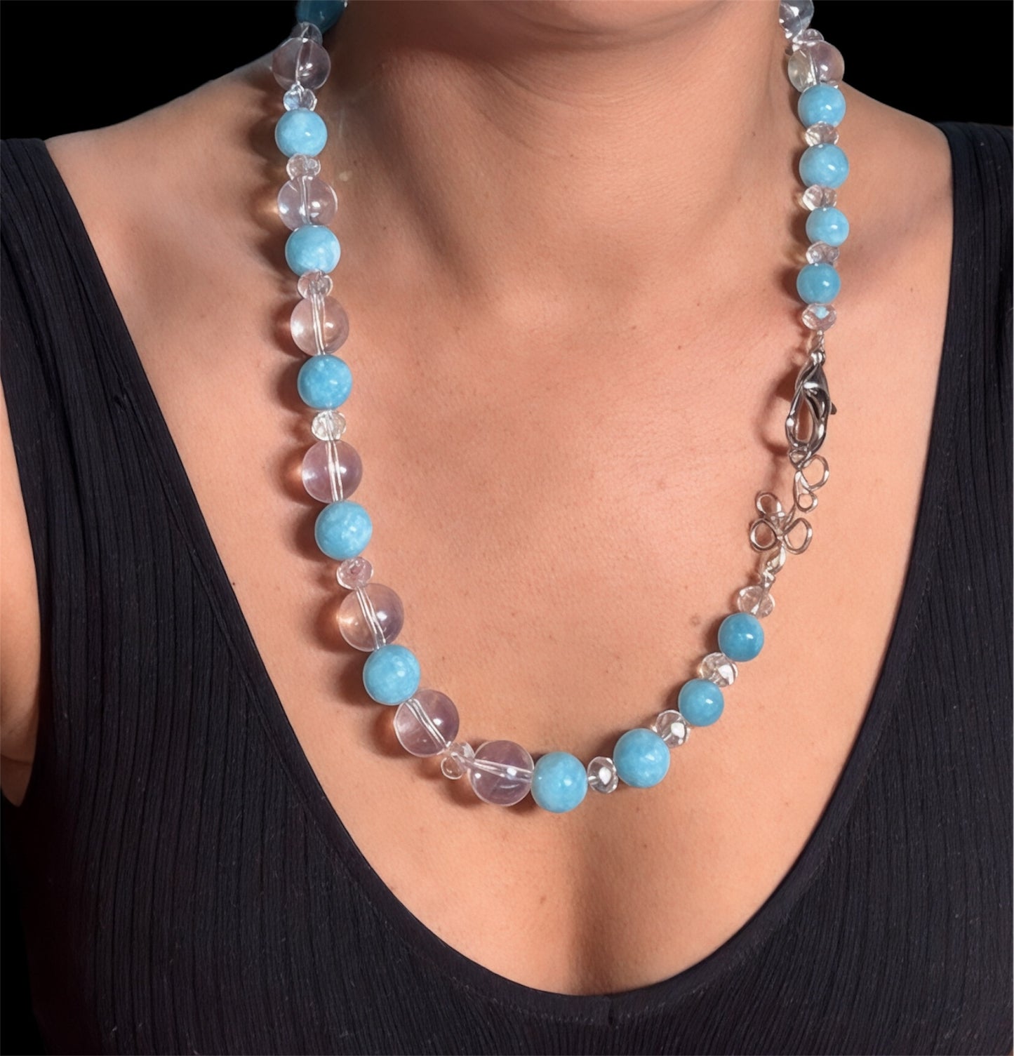 Blue Quartz Gemstone & Aura Coated Glass Crystal Beaded Silver Chunky Necklace