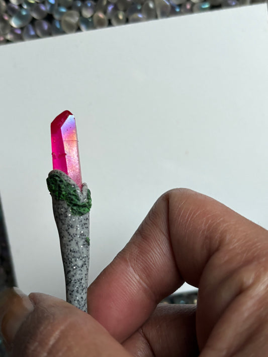 Pink Aura Quartz Crystal Gemstone Granite Clay Wand