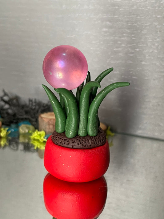 Grassy Potted Plant Clay Sphere Mini Holder - Red