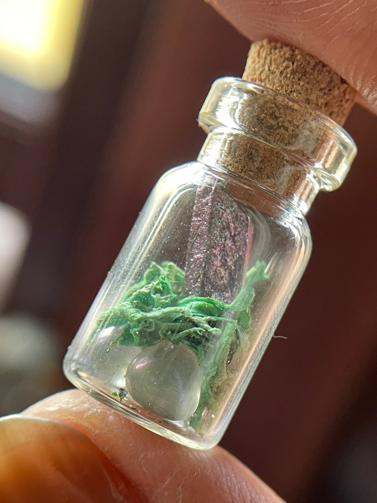 Purple Bismuth & Aura Quartz Crystal Moss Glass Vial Keychain