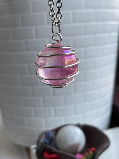 Rose Pink Aura Rainbow Quartz Crystal Ball Silver Cage Necklace