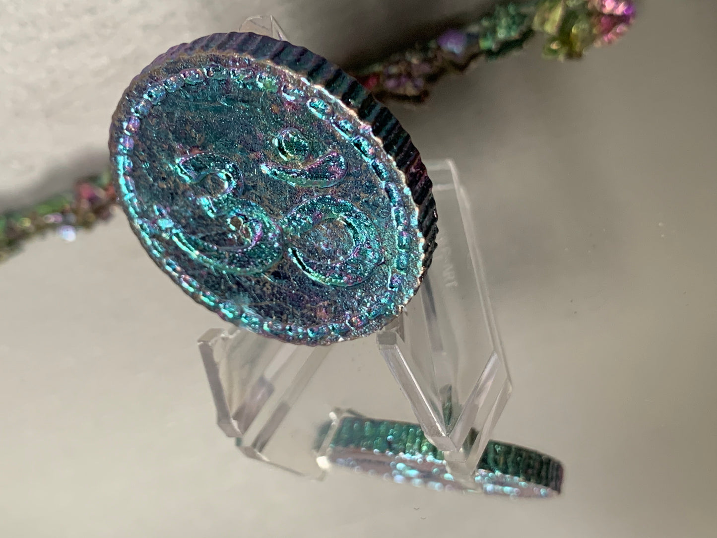Teal Blue Bismuth Crystal Om Coin Metal Art Sculpture