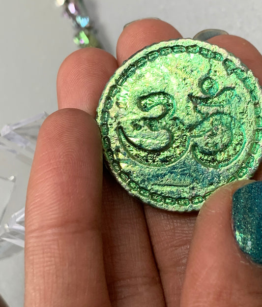 Green Bismuth Crystal Om Coin Metal Art Sculpture