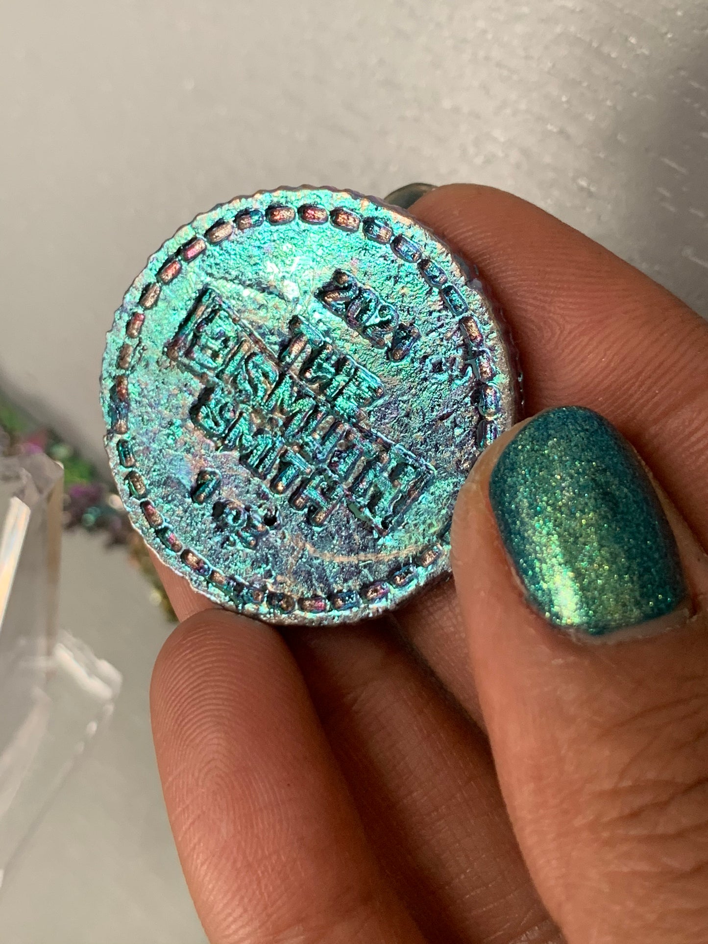 Teal Blue Bismuth Crystal Om Coin Metal Art Sculpture