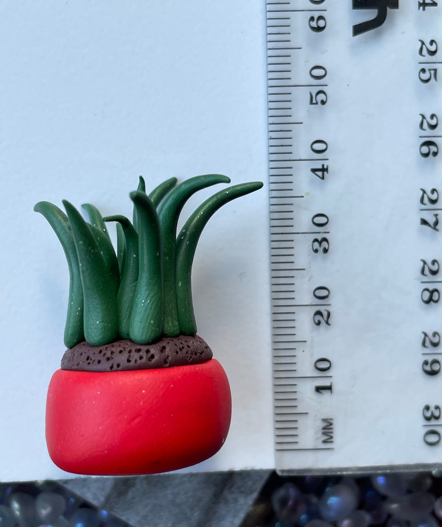 Grassy Potted Plant Clay Sphere Mini Holder - Red