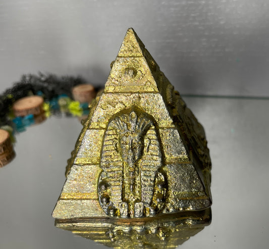 Gold Bismuth Crystal Egyptian Pyramid Metal Art Sculpture - Medium