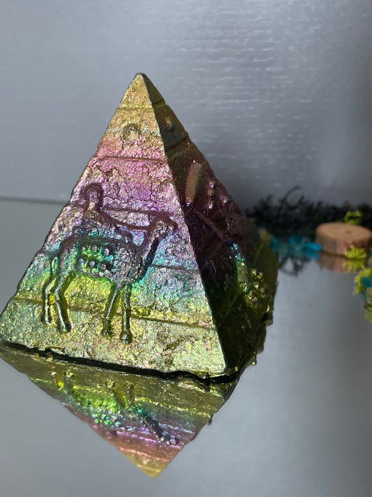 Rainbow Bismuth Crystal Egyptian Pyramid Metal Art Sculpture - Large