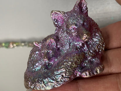 Pink Purple Fox and Cub Bismuth Crystal Metal Art Sculpture