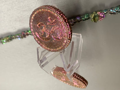 Pink Bismuth Crystal Om Coin Metal Art Sculpture