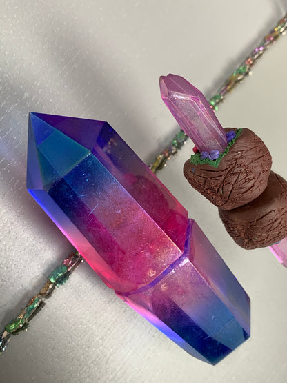 Blue & Pink Aura Quartz Crystal Gemstone Garden Tower Desktop Gift Set