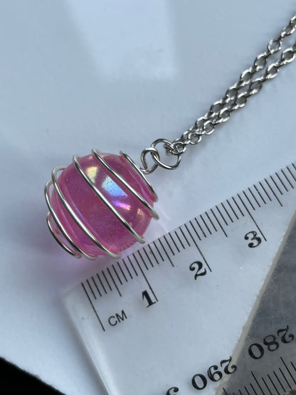 Rose Pink Aura Rainbow Quartz Crystal Ball Silver Cage Necklace