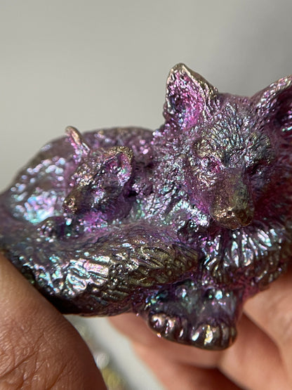 Pink Purple Fox and Cub Bismuth Crystal Metal Art Sculpture