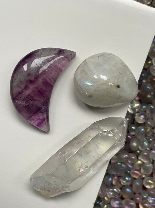 Fluorite Moon Aura Quartz & Rainbow Moonstone Crystal Gemstone Gift Pack - Moon Child (3)