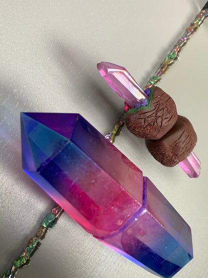 Blue & Pink Aura Quartz Crystal Gemstone Garden Tower Desktop Gift Set