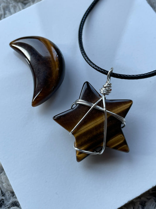 Tigers Eye Crystal Gemstone Star Wire Necklace & Moon Gift Set