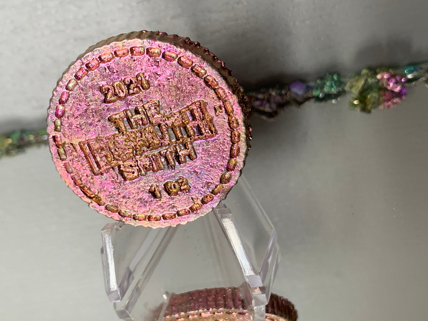 Pink Bismuth Crystal Om Coin Metal Art Sculpture