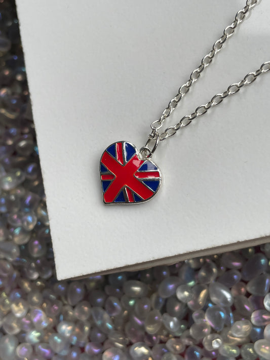 British UK Flag Heart Charm Silver Necklace & Ruby Gift Set