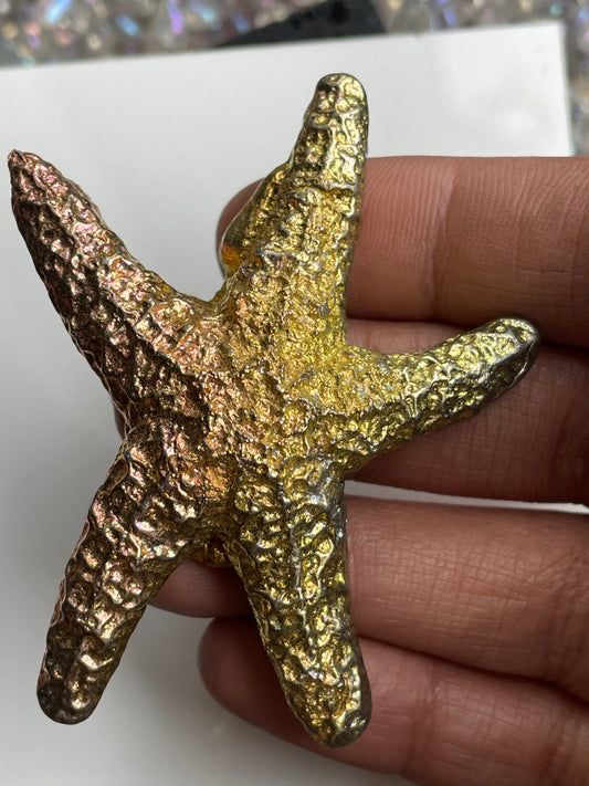 Gold Peach Bismuth Crystal Large Starfish Metal Art Sculpture