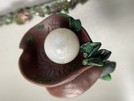 Angel Aura Quartz & Moonstone Crystal Gemstone Leaf Clay Dish Set