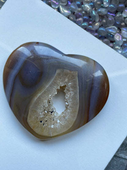 Beige Brown Druzy Agate Crystal Heart Carving - Small