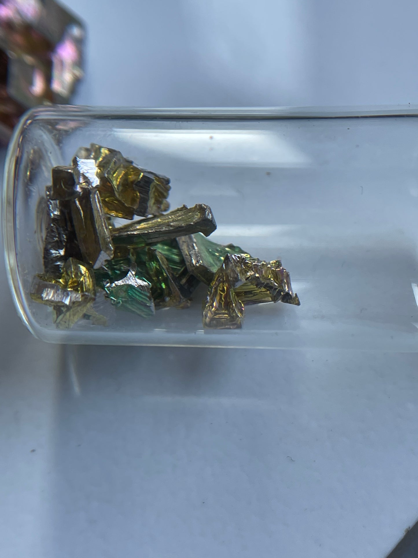Gold & Green Bismuth Crystal Glass Vial Keychain