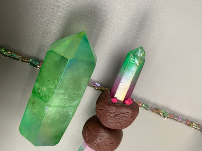 Green & Watermelon Aura Quartz Crystal Gemstone Garden Tower Desktop Gift Set