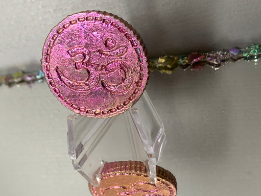 Dark Pink Bismuth Crystal Om Coin Metal Art Sculpture