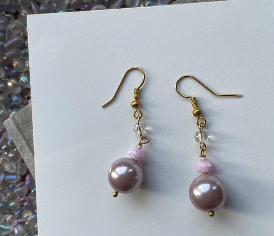 Lavender Pearl & Pink Opal Crystal Gemstone Gold Drop Earrings