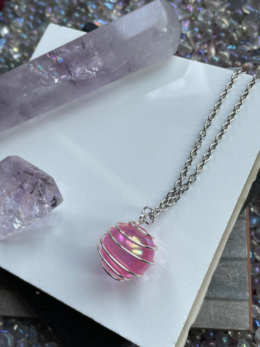 Rose Pink Aura Rainbow Quartz Crystal Ball Silver Cage Necklace