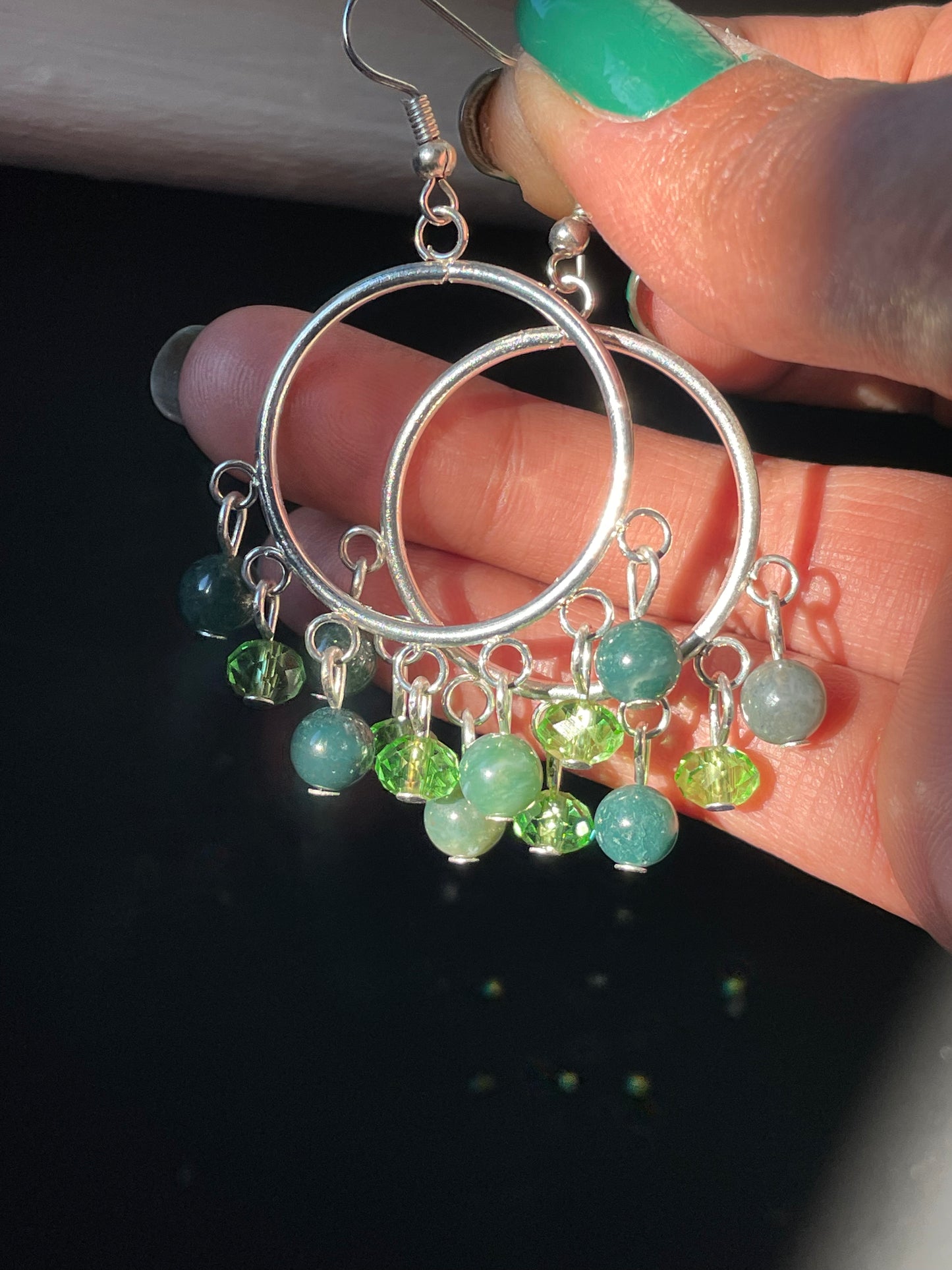 Indian Agate Gemstone & Green Crystal Beaded Hoop Chandelier Earrings
