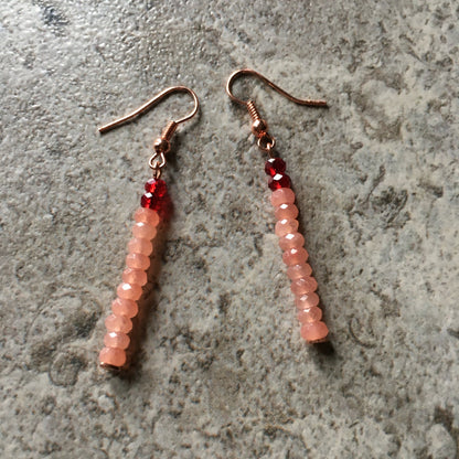 Peach Quartzite gemstone rondelle & Red crystal linear Rose gold Earrings