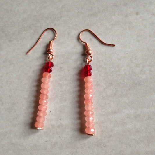 Peach Quartzite gemstone rondelle & Red crystal linear Rose gold Earrings