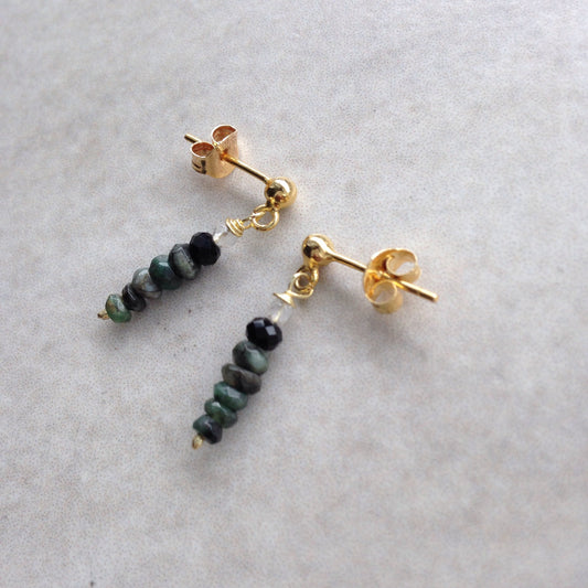 Emerald Spinel & Clear Quartz Crystal Gemstone 925 Gold Earrings