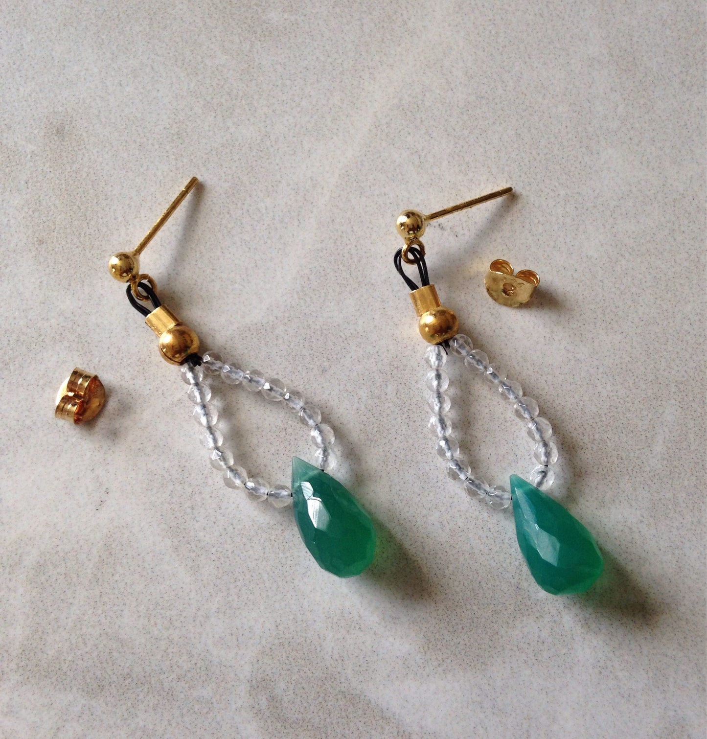 Green Onyx briolette & Quartz Crystal Gemstone 925 gold teardrop earrings
